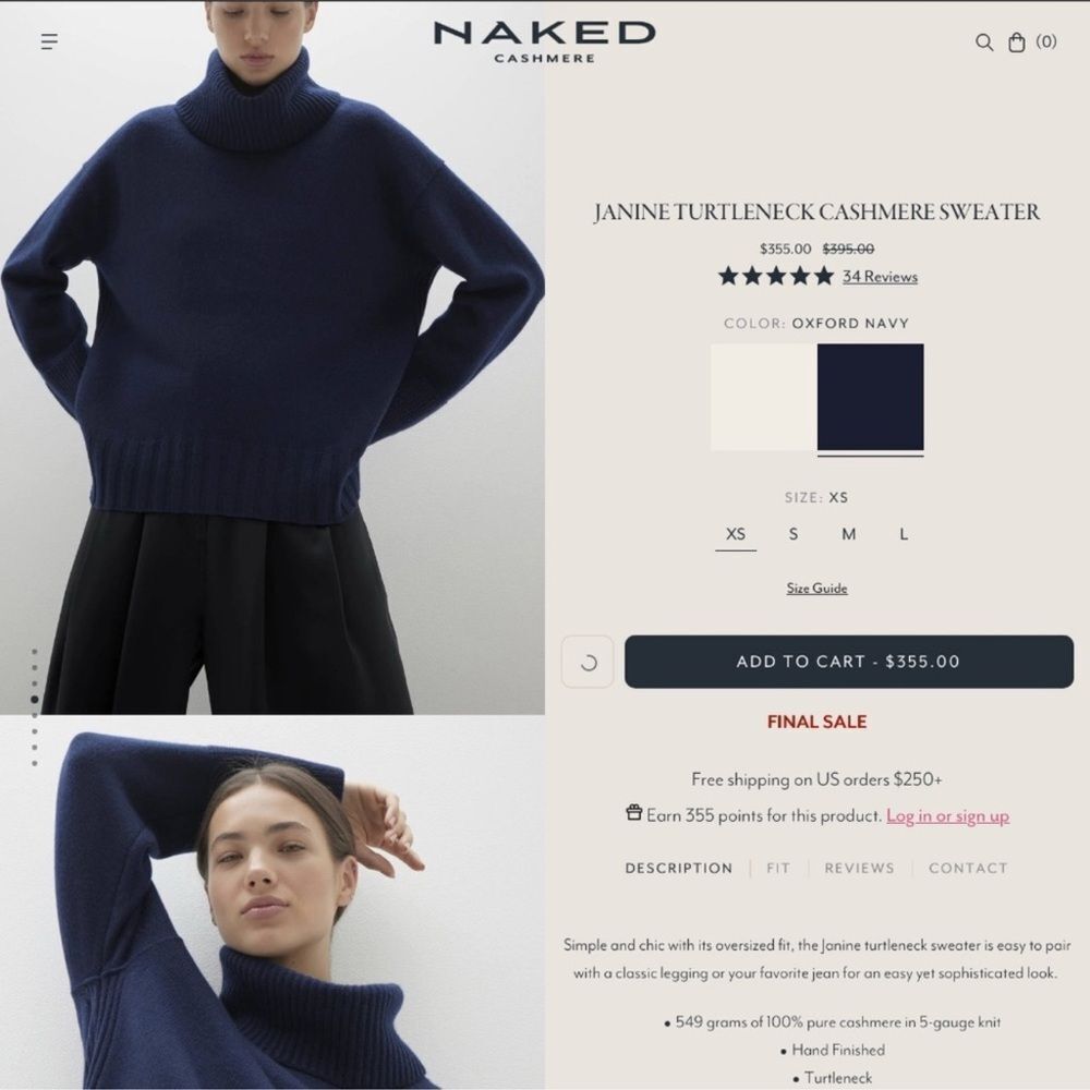 Naked Cashmere Janine Navy Blue ‎Turtleneck Sweater Women's Small Luxury NWT
